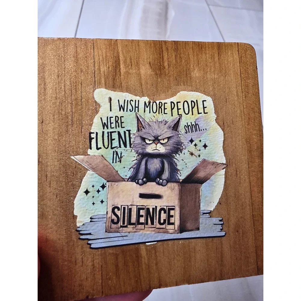 Grumpy Cat Wooden Coasters Set of 3 Snarky Humor Rustic Drink‎ Mats Brown F1